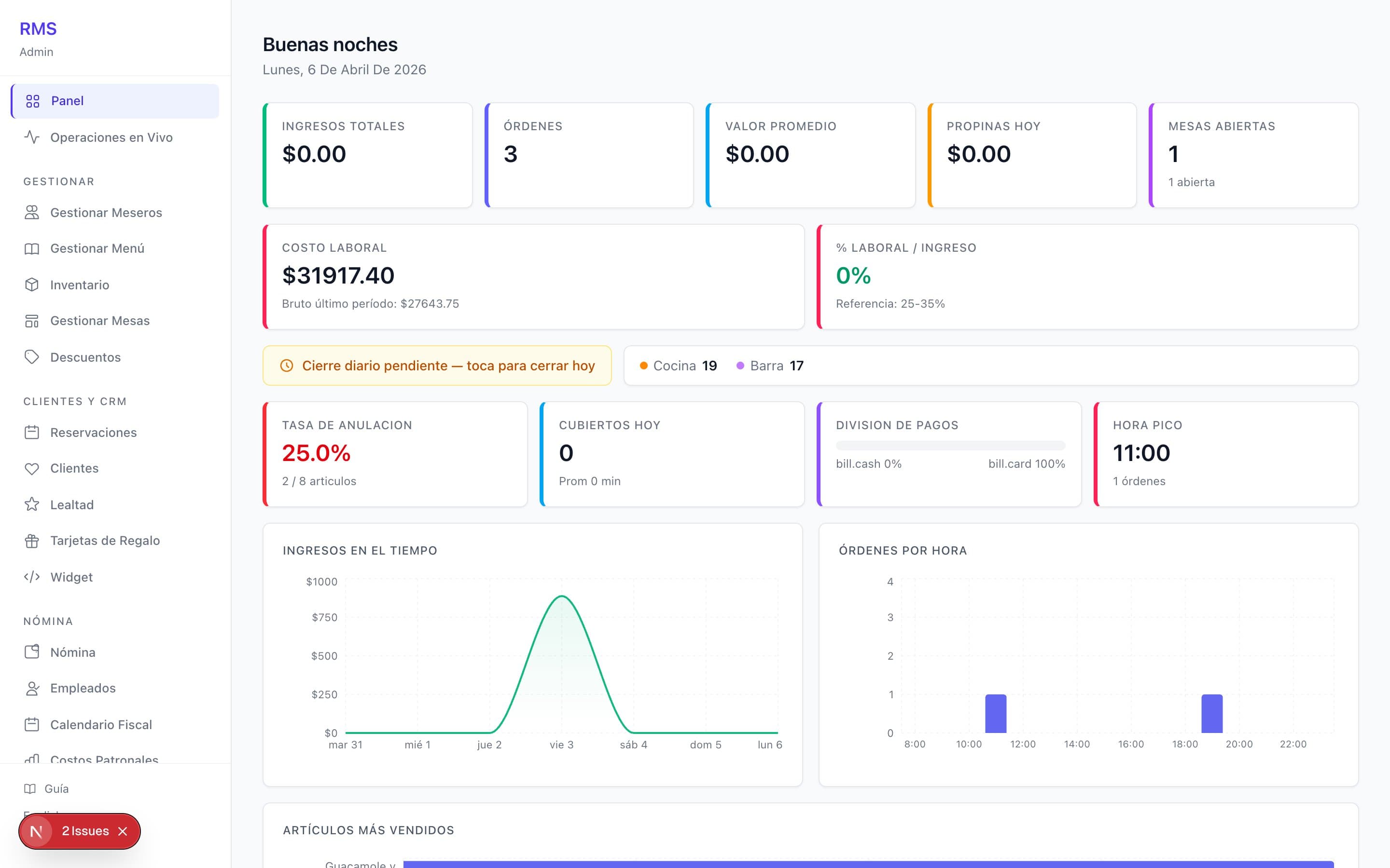 Admin dashboard with revenue charts and live stats