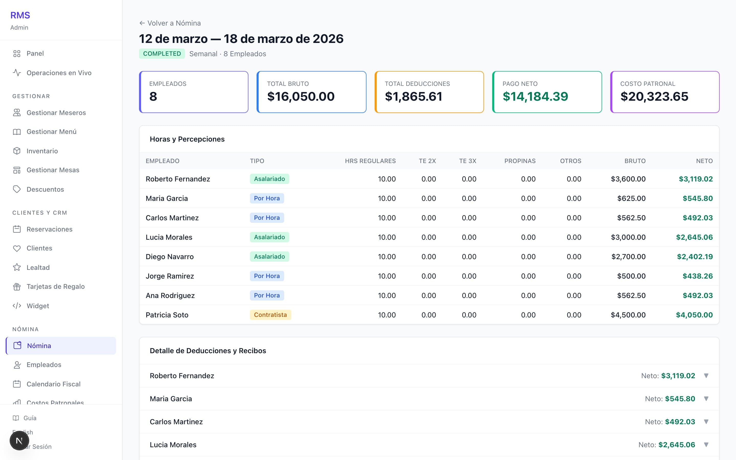 Payroll run screen with hours entry grid and calculated deductions