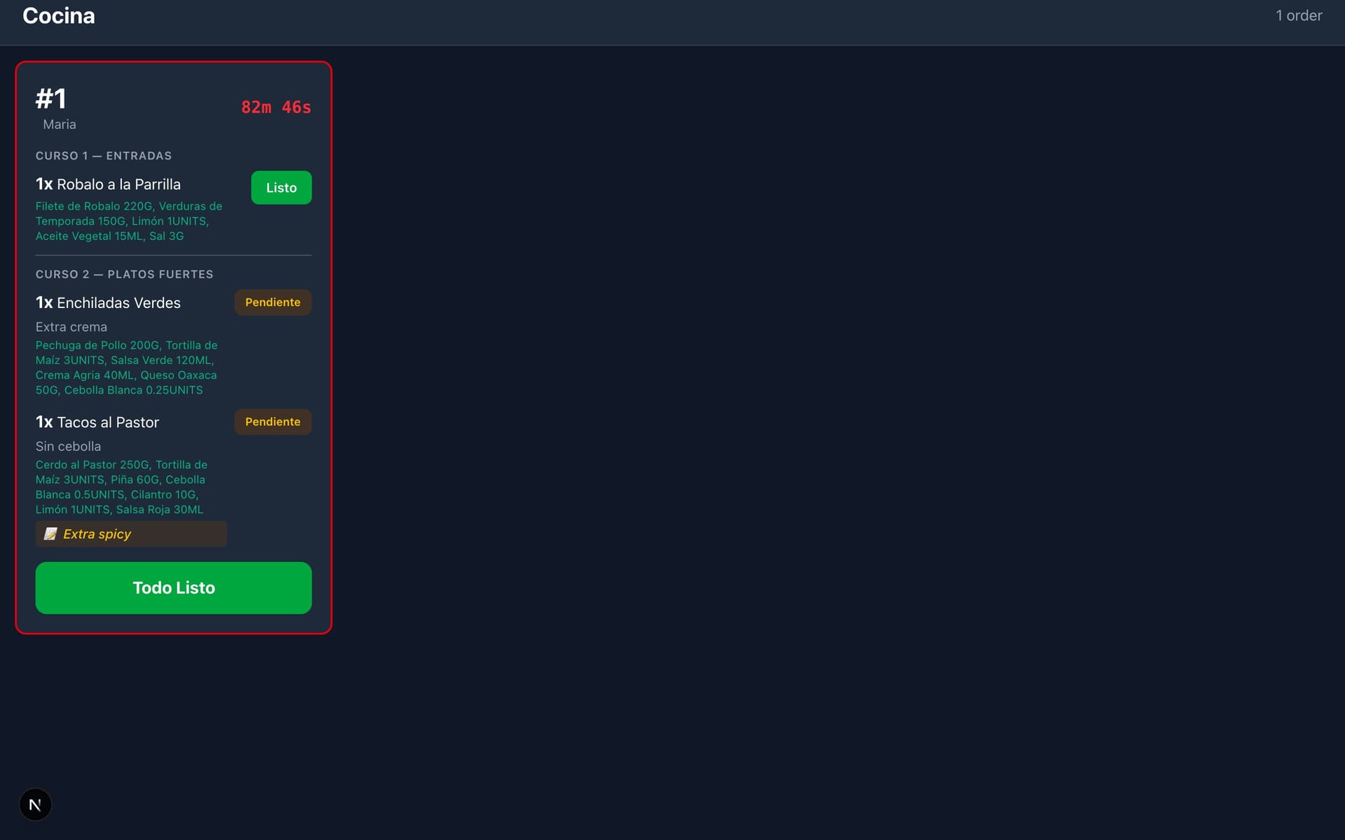 Kitchen display showing live orders with elapsed-time timers
