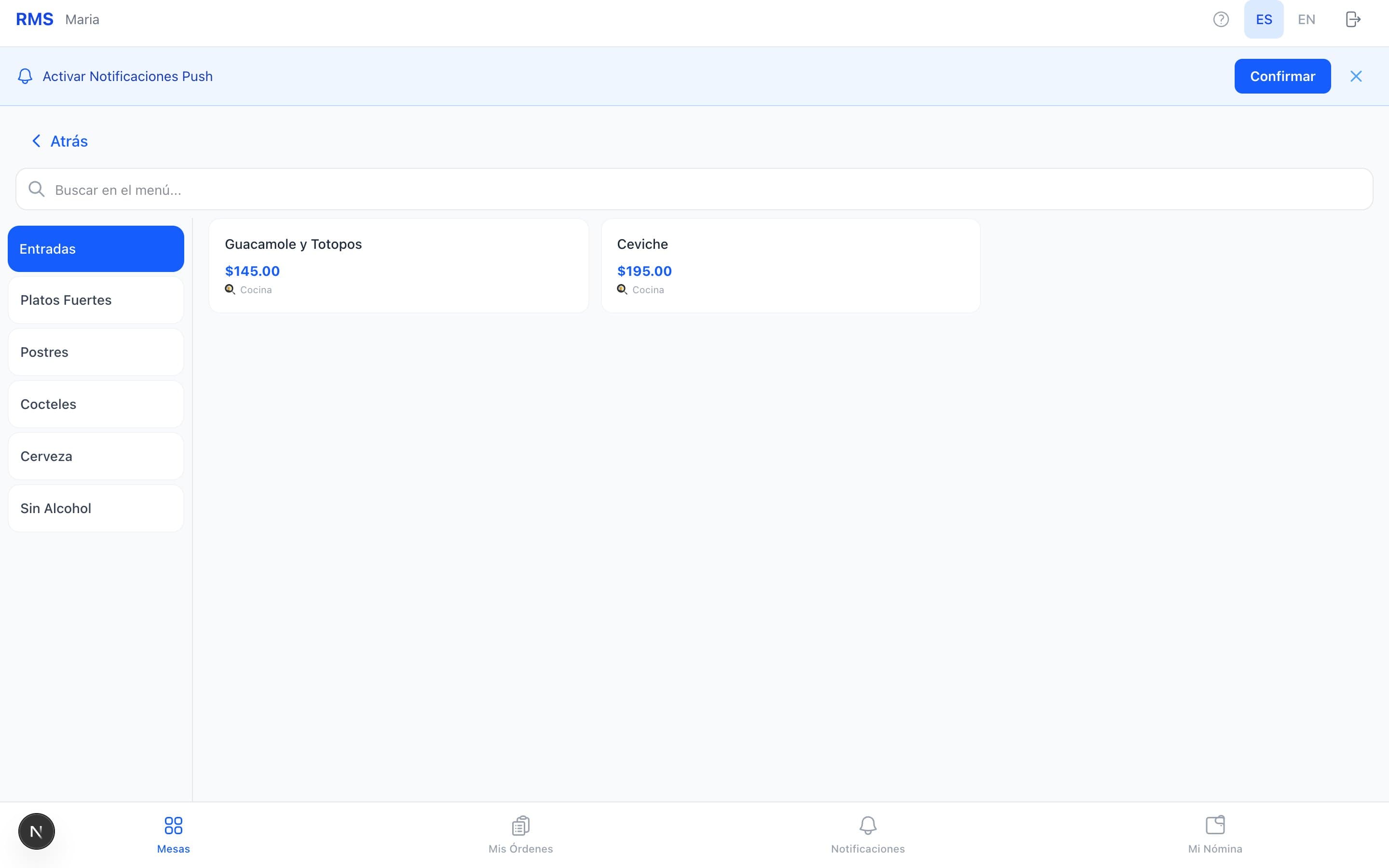 Menu browser with sidebar categories and modifier selection